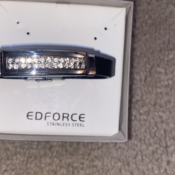 EDFORCE Black Leather Bracelet with Stainless Steel And Diamond Accents - Picture 2 of 8